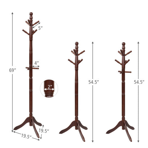 Adjustable Standing Wooden Coat Rack with 9 Hooks - Walnut (HW65614BN)